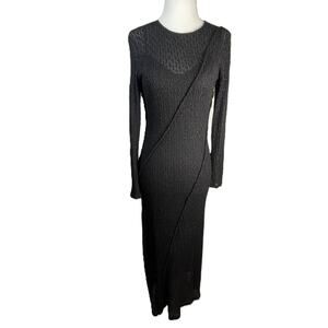 Zara Black Backless Maxi Dress Medium Bodycon Textured Mesh Bell Sleeve Goth